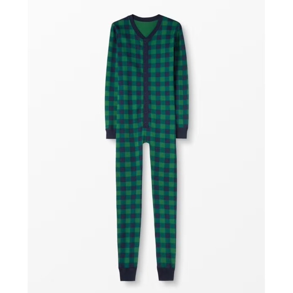 Hanna Andersson Union Suit Mens Small Green Buffalo Plaid Organic Cotton Pajamas